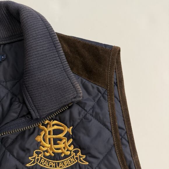 Ralph Lauren Equestrian Vest Women's Size Large Calf Suede Quilted Crest Navy - Picture 4 of 10